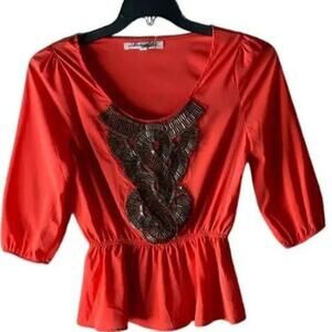 Annabella Blouse Blouse Women's Size Small Beaded Design Neckline Top Shirt